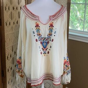 Johnny‎ Was Biya White Cotton Embroidered Lightweight Tunic Top Size Medium